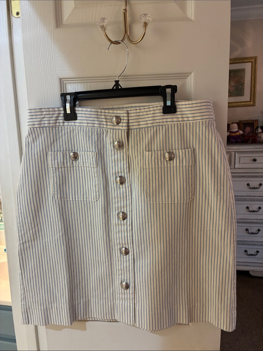 NWT Talbots White and Light Blue Striped Button-Front A-Line Skirt SZ 10